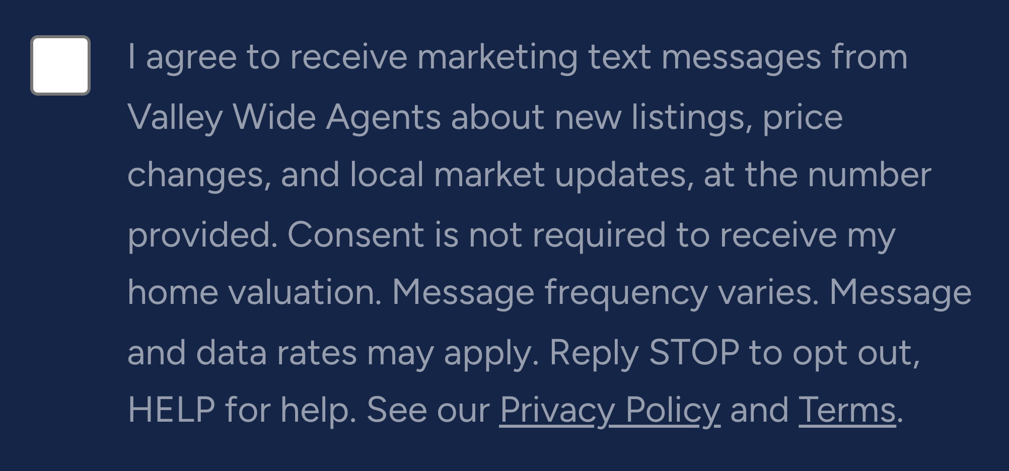 Close-up of the separate, unchecked marketing consent checkbox
